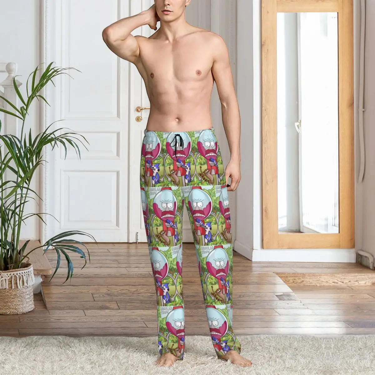 سروال بيجامة مطبوع حسب الطلب على شكل حرف R للرجال، ملابس نوم لطيفة على شكل أنمي مع جيوب