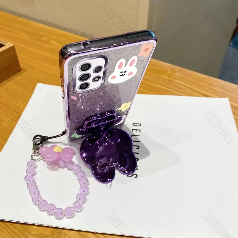 Flower Strap Mirror Rabbit Phone Holder Case On For Samsung Galaxy A32 A22 A33 A51 A52 A52S A53 A71 A72 A73 4G 5G Stand Cover image 3