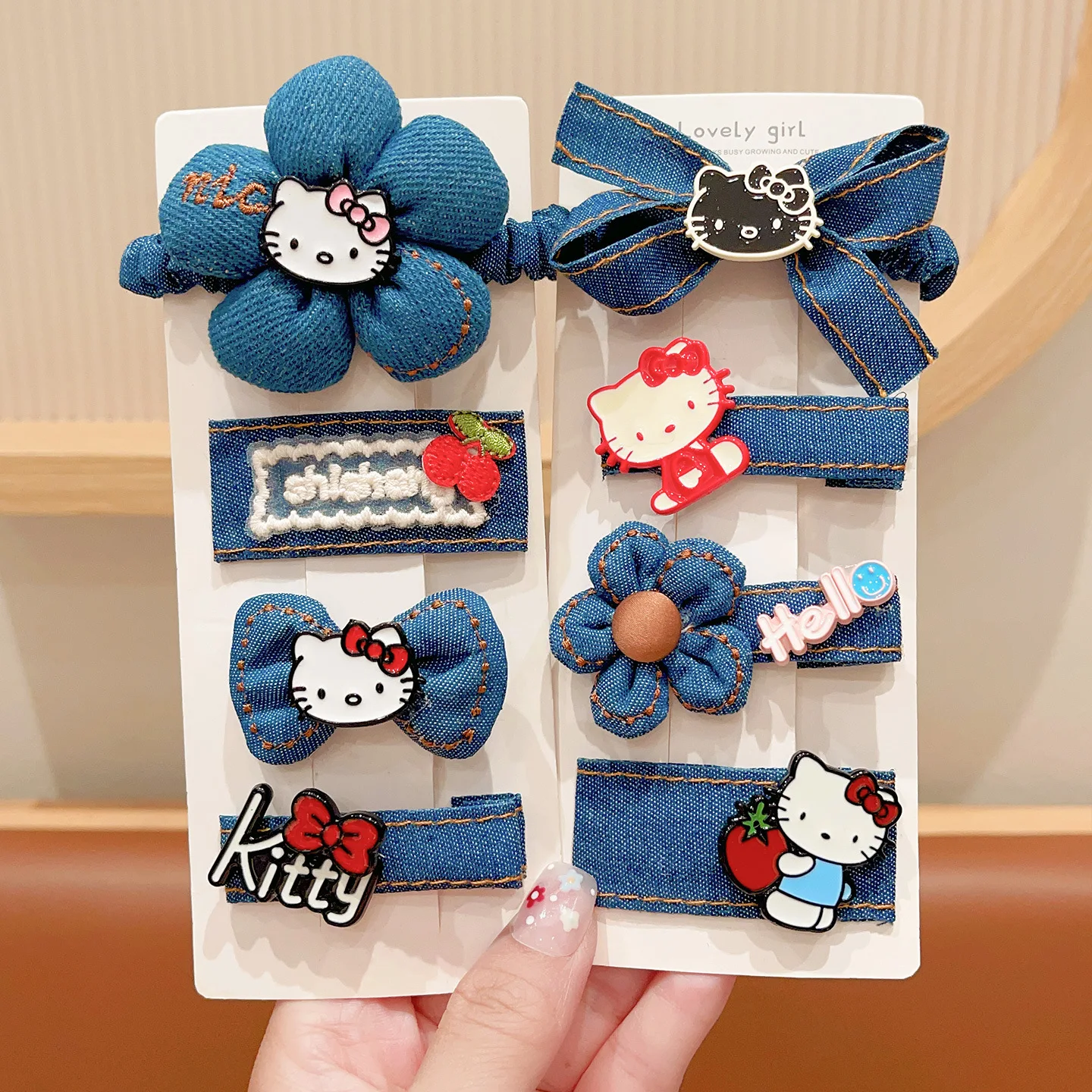 

Kawaii Sanrio Hello Kitty Hair Accessory for Girls Denim Bow Meatballs Scalp Muscles Girls Bangs Hair Clips Headwear Gifts Toys