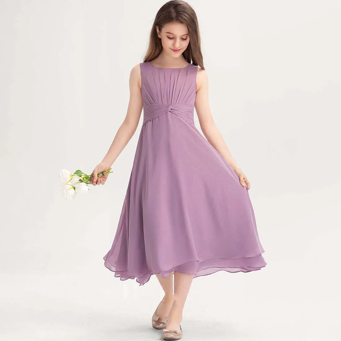 YZYmanualroom Chiffon Junior Bridesmaid Dress With Bow A-line Square Tea-Length 2-15T