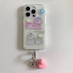 Cute INS 3D Stars Pink Heart Dangle Cute Dogs Dual-layer Case for iPhone 15 14 Plus 13 Pro Max Back Phone Cover for 12 Pro