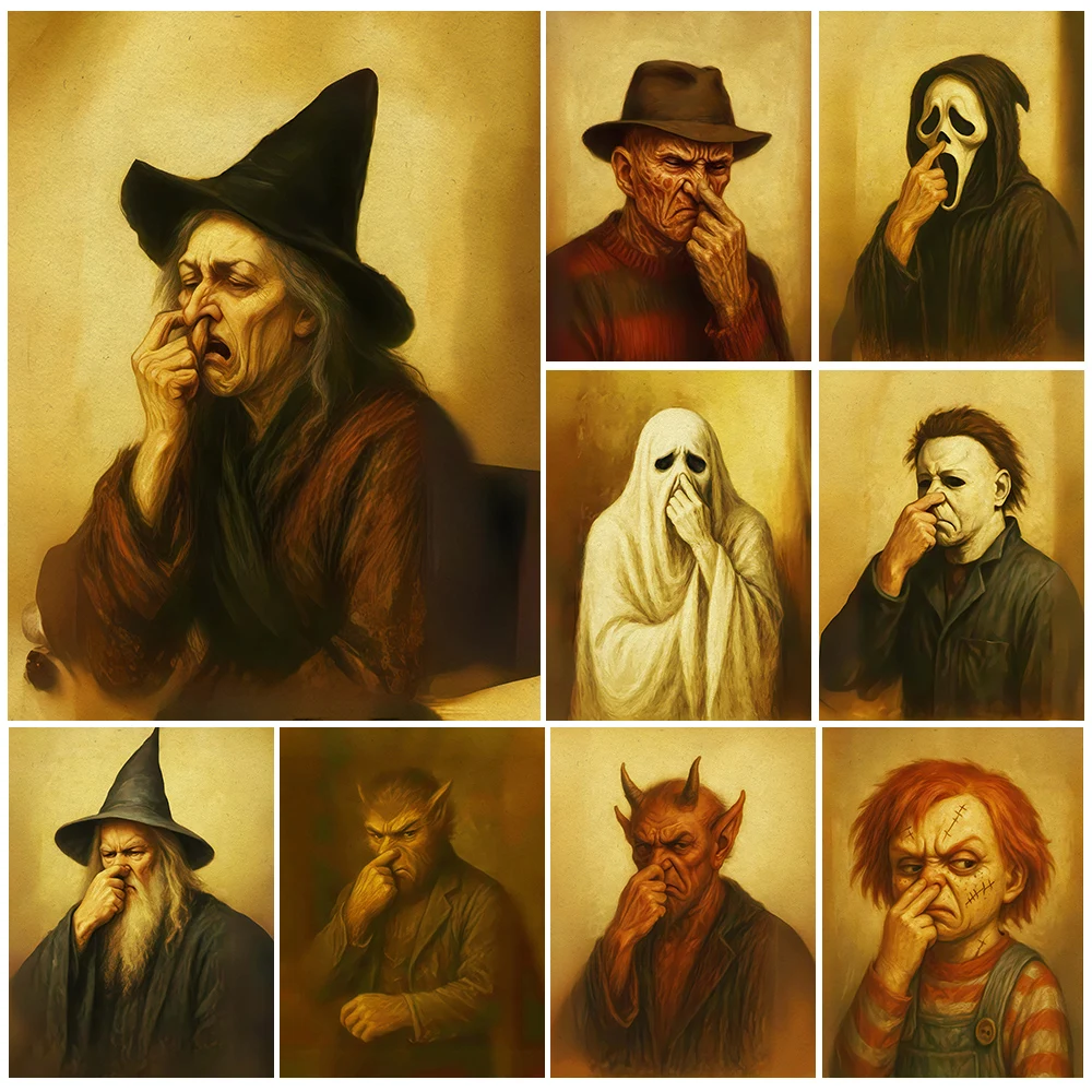 Funny Bathroom Witch & Demon Monster Portrait Wall Art Canvas Print,Toilet Humor Gift,Wicked Witch Toilet Paper Roll Art Poster