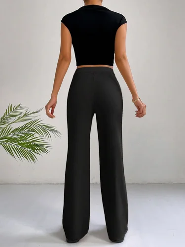 Imagen 2 del producto Pantalones de pierna recta de cintura alta lisos para mujer, pantalones elegantes e informales cómodos con botones y cremallera para uso diario, pantalones para mujer
