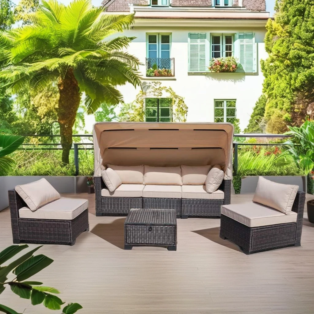 Modern High Quality PE Rattan Outdoor Garden Sofa Day Bed with Steel Frame Glass for Courtyards Hotels or Bedrooms Parks Use