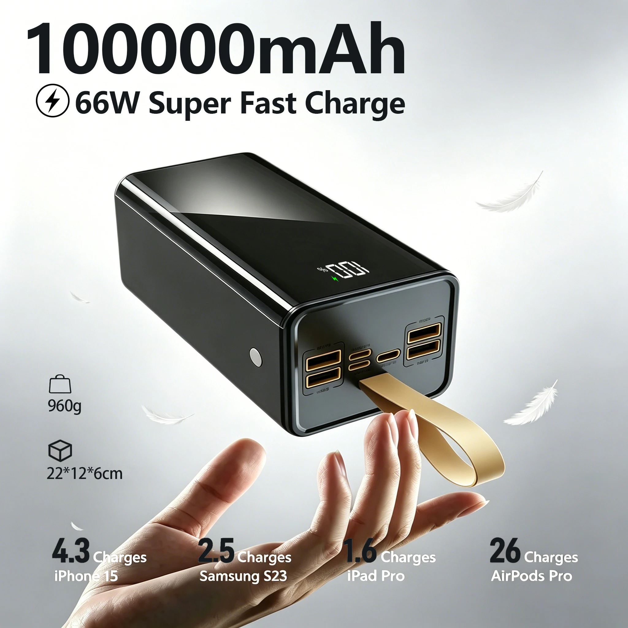 MONSTRE DE LA FORCE 7-EN-1! Batterie externe 66W à charge rapide 100000mAh : 4 sorties USB + 3 ports d'entrée (Type-C, Micro, Lightning). Équipé d'un écran LED, d'une lampe torche puissante et d'une sangle de transport. Votre chargeur extérieur fiable haute capacité pour le camping et les situations d'urgence.