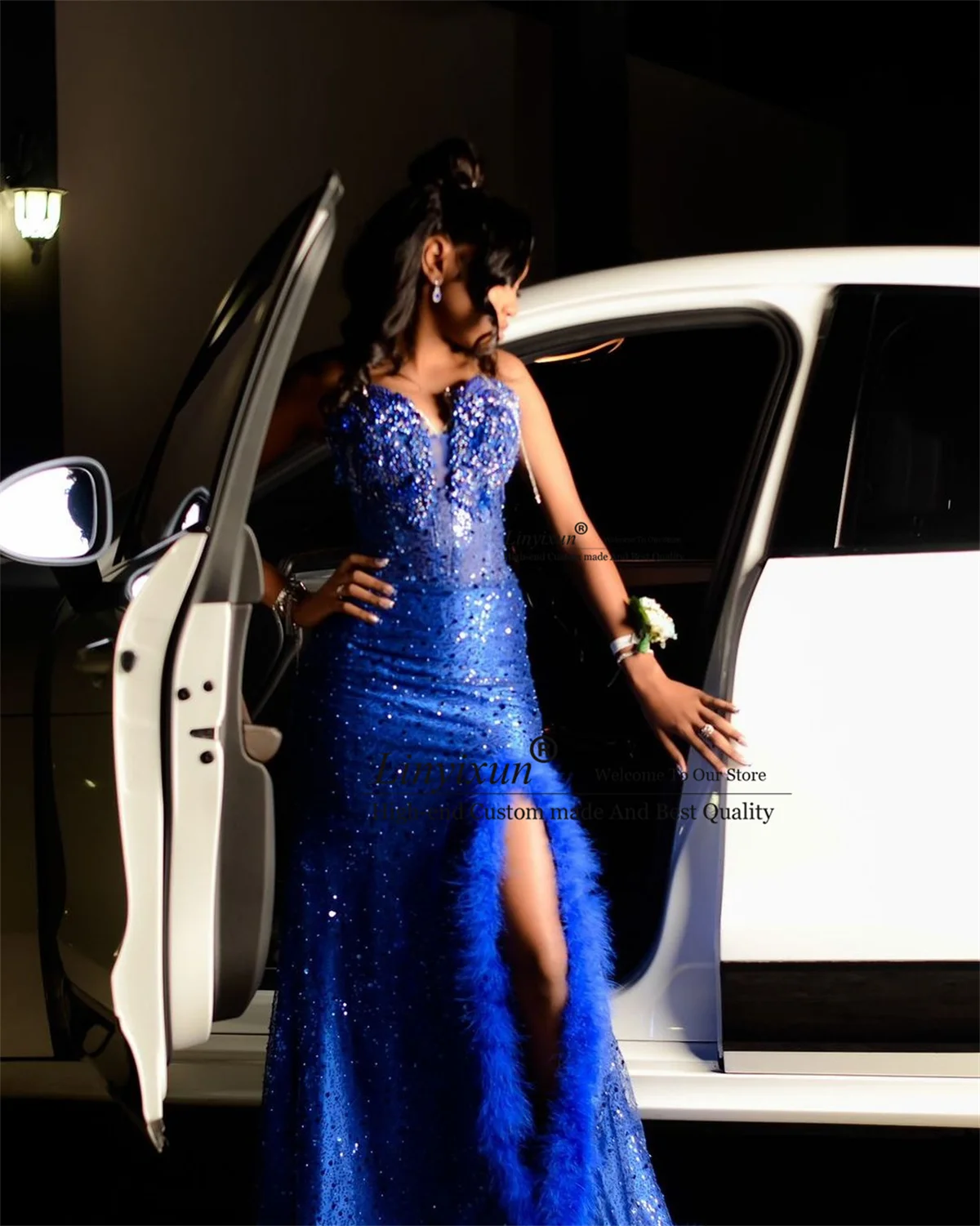 Royal Blue Sequin Mermaid Prom Dress Black Girl Luxury Beaded Crystals Evening Party Gala Gown Slit Feathers robes de soirée