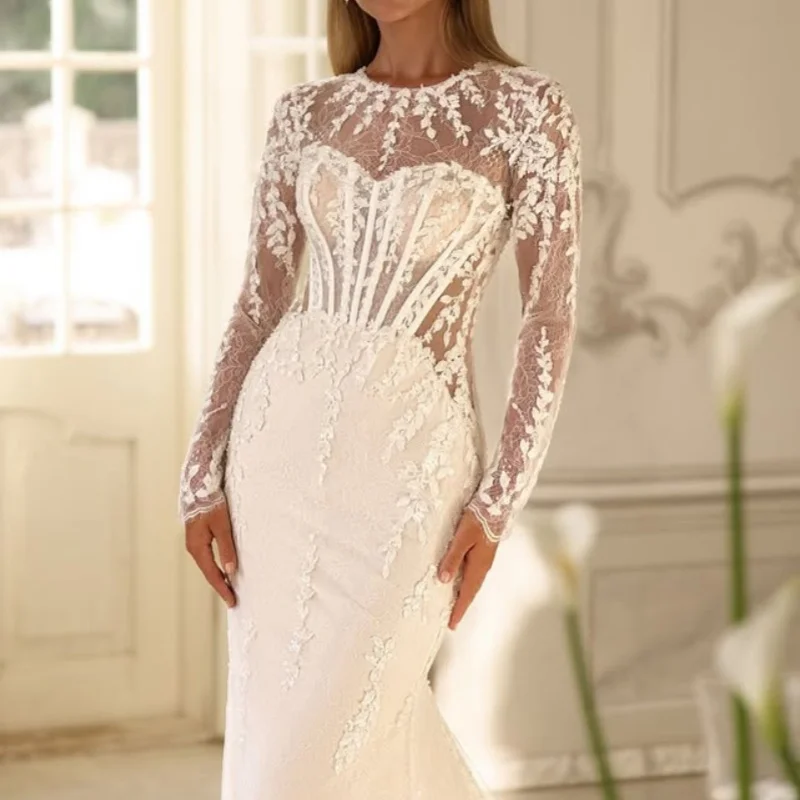 

ivory white Appliques Wedding Dresses off-shoulder fishtail decal Long tail long sleeves Bridal Gowns Made Customized