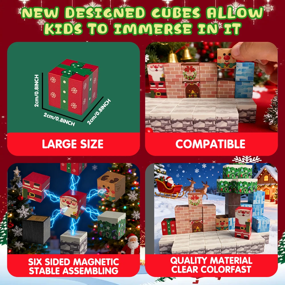 50個入り カラフルなクリスマス マグネット式 積み木 クリエイティブな教育的DIY 積み重ねキューブ 家族で楽しめるマグネットおもちゃ 子供へのプレゼント