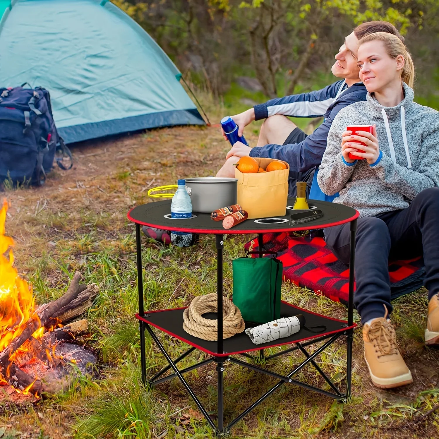 طاولة تخييم قابلة للطي، طاولة نزهة للشاطئ في الهواء الطلق مع 4 حاملات أكواب وحقيبة حمل، لحفلات النار وأنشطة الباب الخلفي