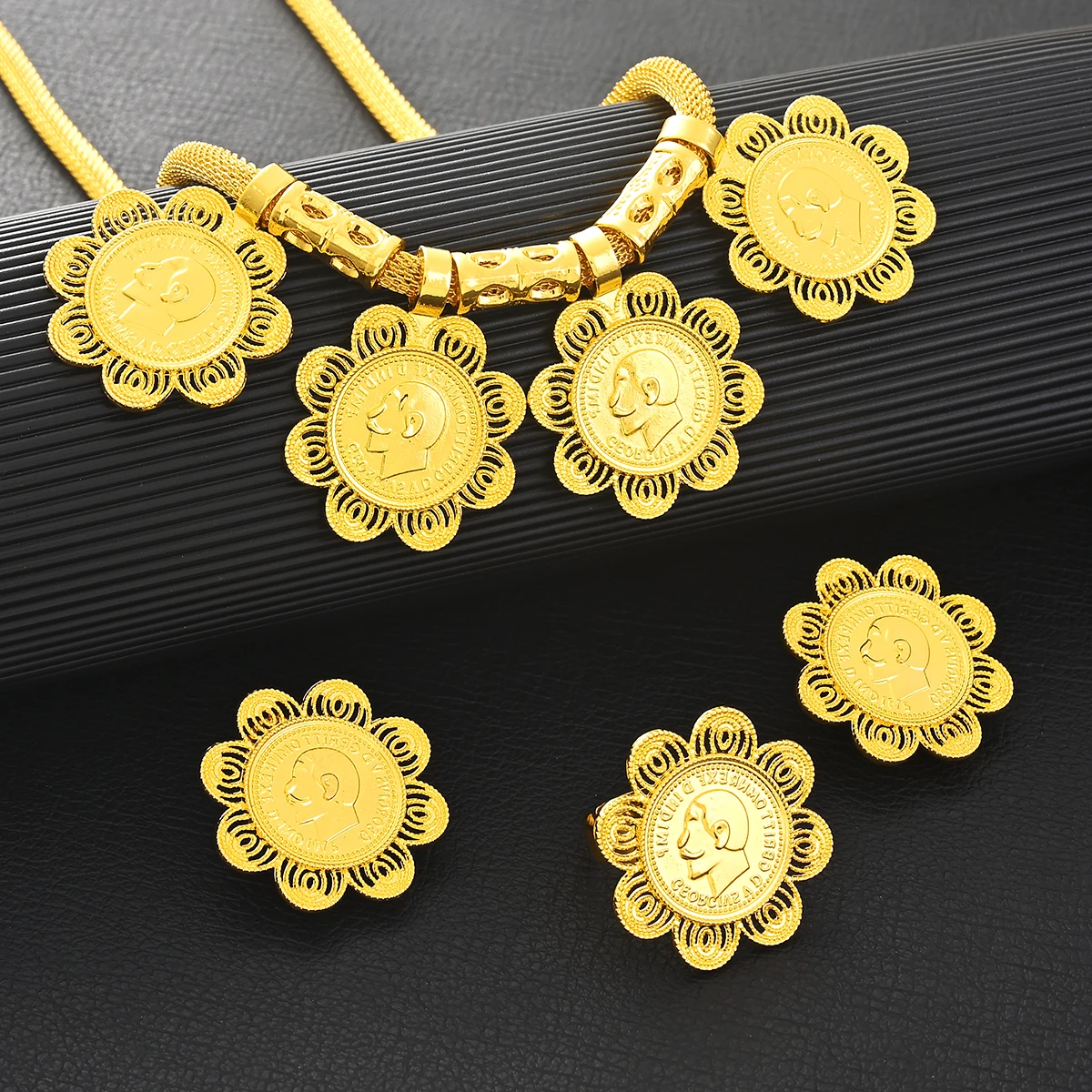 

24K Gold Color Coin 4pcs Pendant/Earring/Ring Jewelry Africa Arabic Habesha Wedding Bride Party Set Gifts