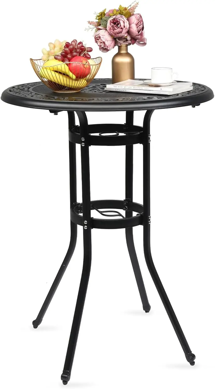 

Outdoor Cast Aluminum Bar Height Patio Table w/Umbrella Tall Table Bistro Table Outdoor Furniture Garden 32" Dia x 41 H