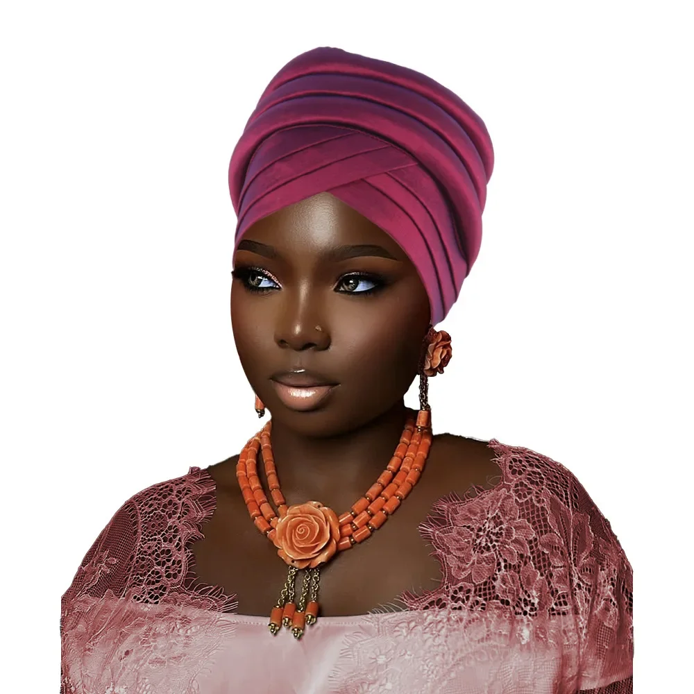 

Pleated Turban Cap for Women African Lady Head Wraps Nigeria Wedding Party Headtie Auto Geles Muslim Turban Hat African Headtie