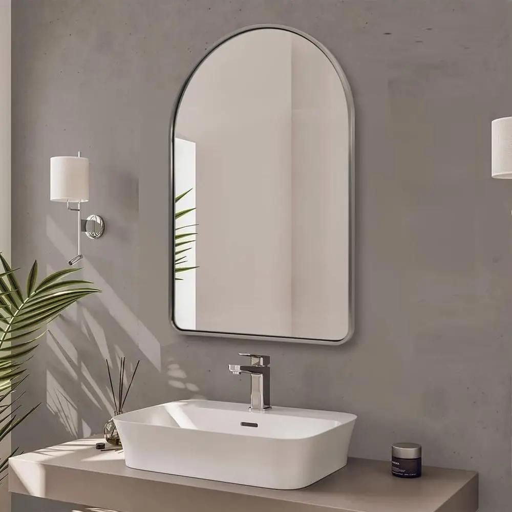 

Modern Arched Silver Bathroom Vanity Mirror with HD Glass Rustproof SUS304 Frame Unique Design Living Room Entryway Fireplace