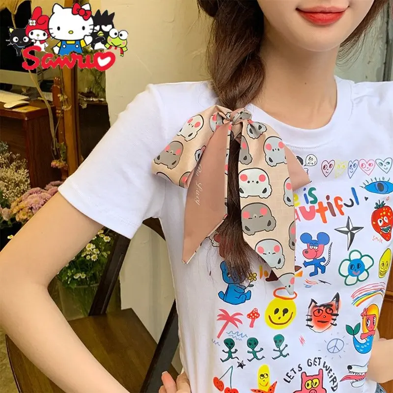 Sanrio Kuromi Hello Kitty Melody Cinnamoroll Pochacco Multifunctional Silk Scarf Tied Hair Band Streamer Scarf Tiara Bow Hair