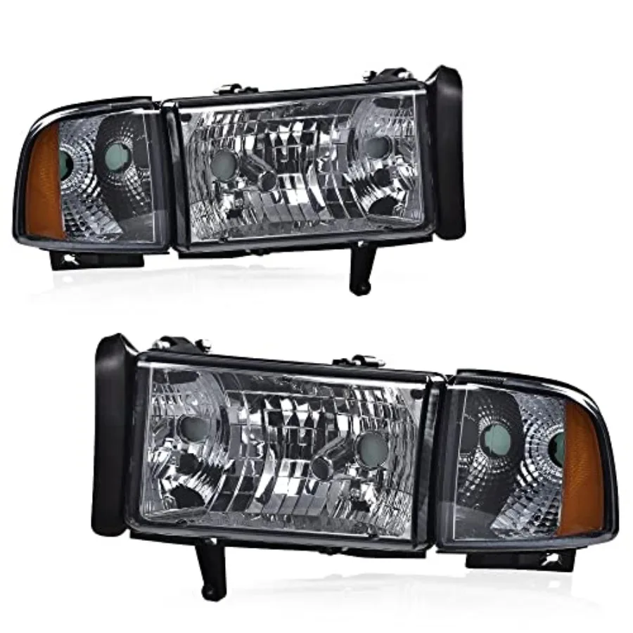 

Headlight Assembly Compatible with 1994-2002 Dodge Ram 1500 2500 3500 Headlamps Assembly Smoked Lens Black Housing Amber Reflect
