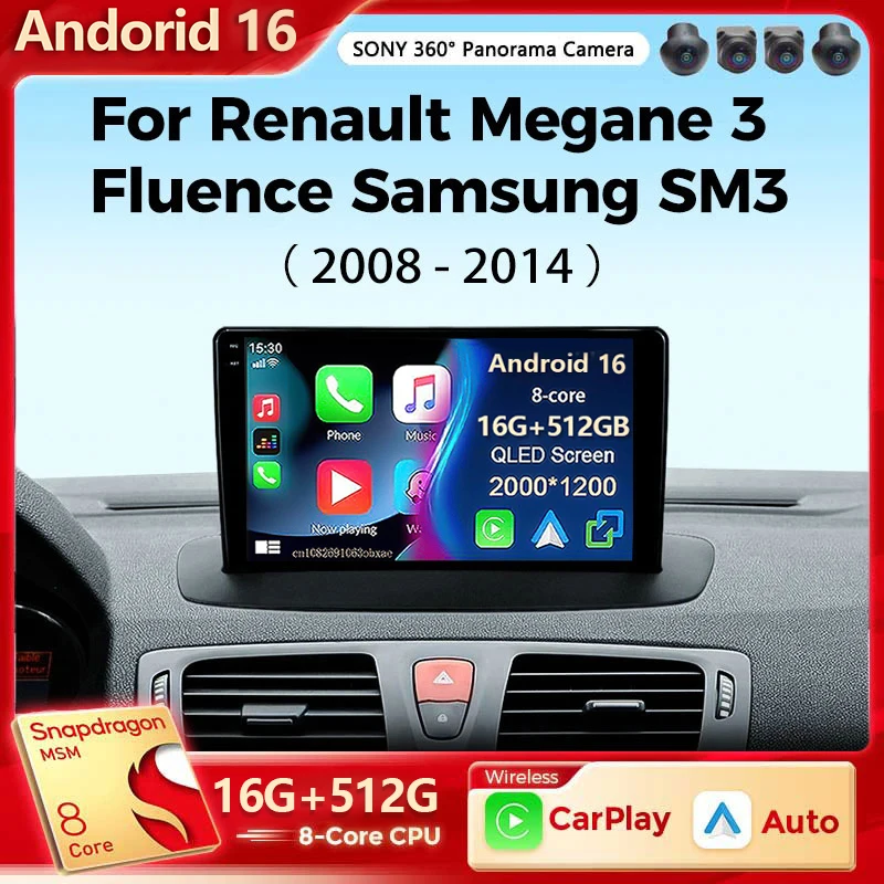Rádio Multimídia Android 16 para Carro Renault Megane 3 Fluence Samsung SM3 2008 - 2014 com Carplay Sem Fio DSP 48EQ 2Din DSP BT