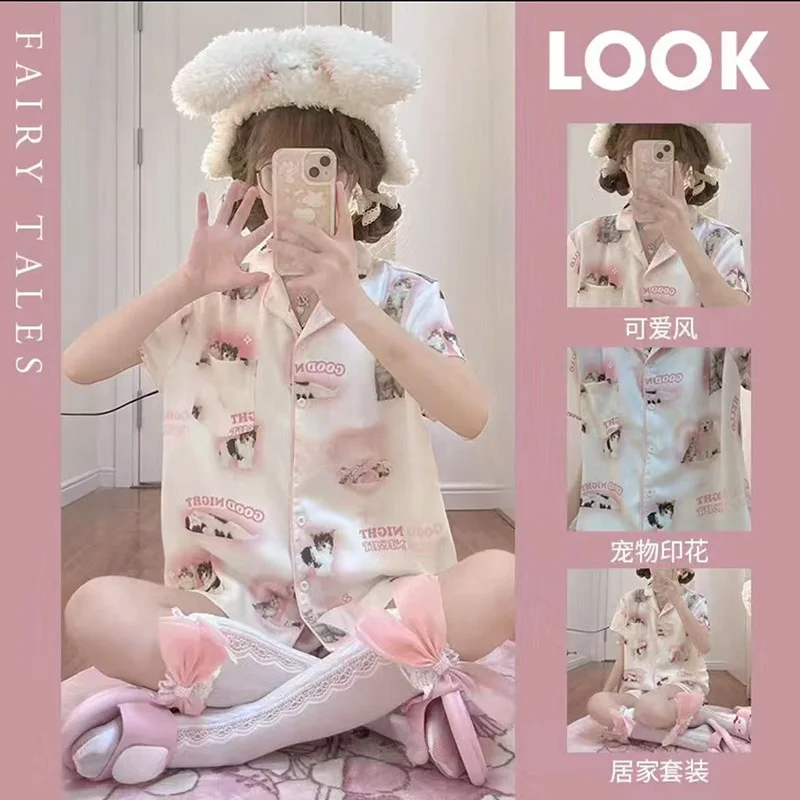 Pijama corto y largo de satén con estampado de gato para mujer, conjunto de ropa de casa de seda, fino, Kawaii, juvenil, Verano