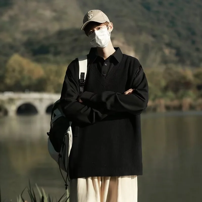 

Свободный повседневный свитер с V-образным вырезом для мужчин больших размеров, осенне-зимний, в японском ретро-стиле, однотонный, вязаный, для полных мужчин