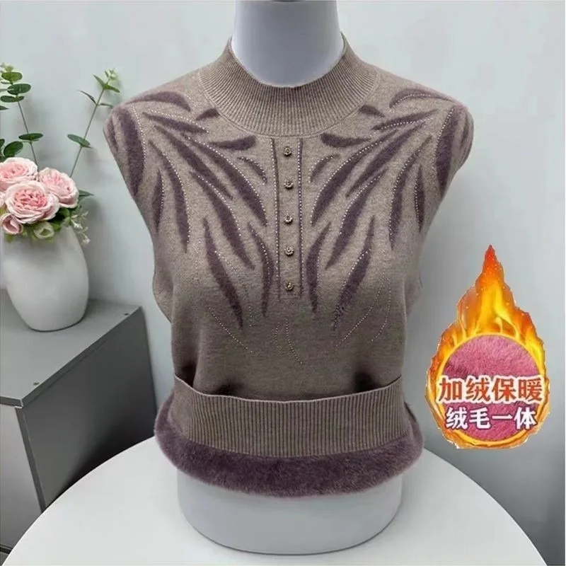 Women Winter Fleece Lined Knit Sweater Middle Aged Half Turtleneck Le Print Rhinestone Warm Base Top