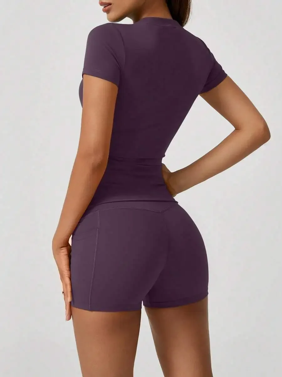 Women's Sweet Sports Short Sleeve High Waist Tummy Control Butt Lifting Shorts Set