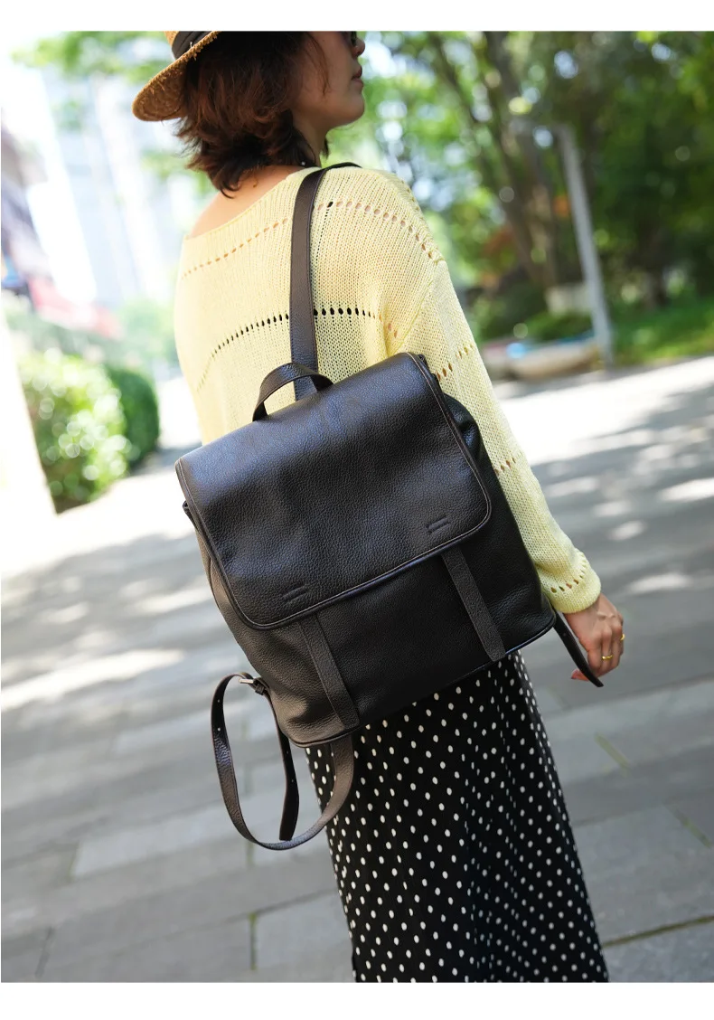 Women Top Grain Cowhide Flap Backpack 2 Ways Carry Metal Clasp Large Leather Rucksack With Back Zip Pocket For Work Travel