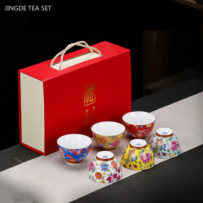 6pcs/90ml Hand-silver Plated Ceramic Teacup Set Exquisite Enamel Master Cup Home Beauty Teacup Bring A Gift Box Set