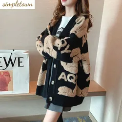 Cappotto maglione addensato donna autunno e inverno nuovo stile pigro moda versione coreana piccolo orso Cardigan lavorato a maglia sciolto