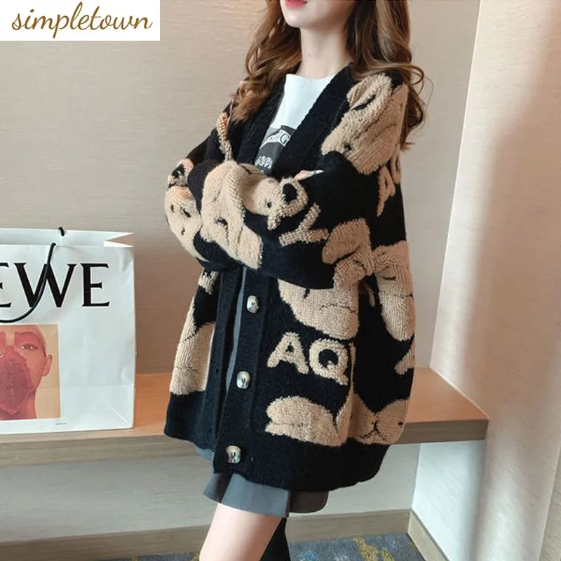 Thickened Sweater Coat Women's Autumn and Winter New Lazy Style Fashion Korean Version Little Bear Loose Knitted Cardigan