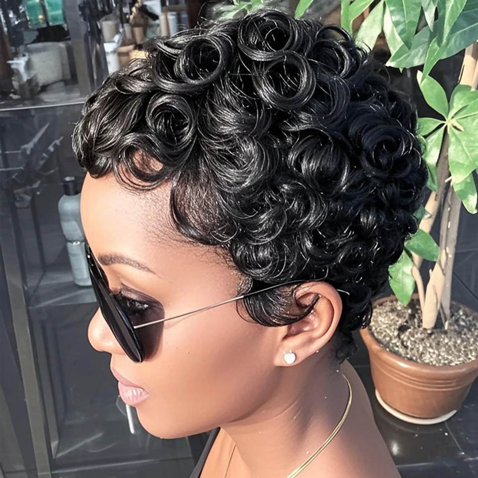 짧은 픽시컷 가발, 루즈 컬리 웨이브 레이어드 버진 브라질리언 레미 인모 가발, 앞머리 포함, 여성용 풀 머신 메이드 가발