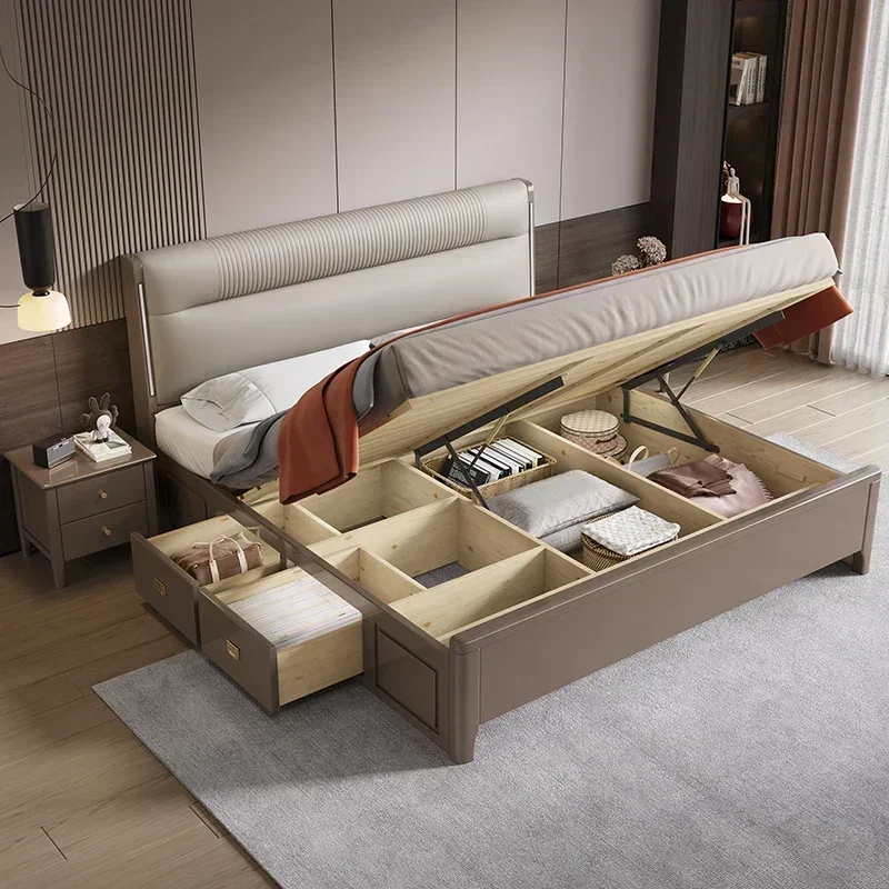 Cama alta elegante europea, doble tamaño Queen, bonito dormitorio, cama con marco King, Camas De Dormitorio modernas plegables iluminadas De lujo