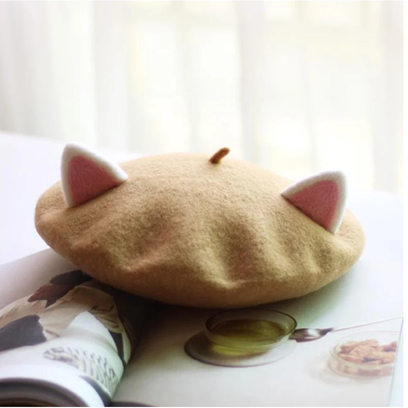 Women Painter Hat Handmade Wool Cat Ears Creativity Cute Autumn Winter Hat Costume Wool Felt Cartoon Funny Beret