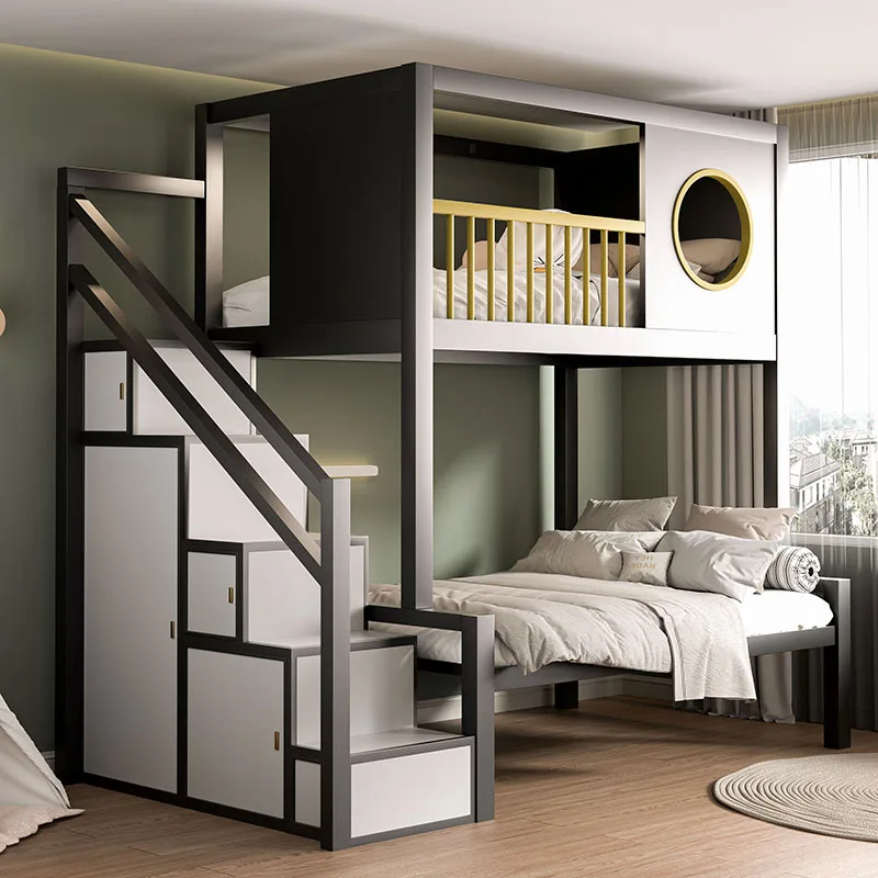 

Duplex second floor bed elevated loft bed wrought iron home bold thickened bed empty table combination single