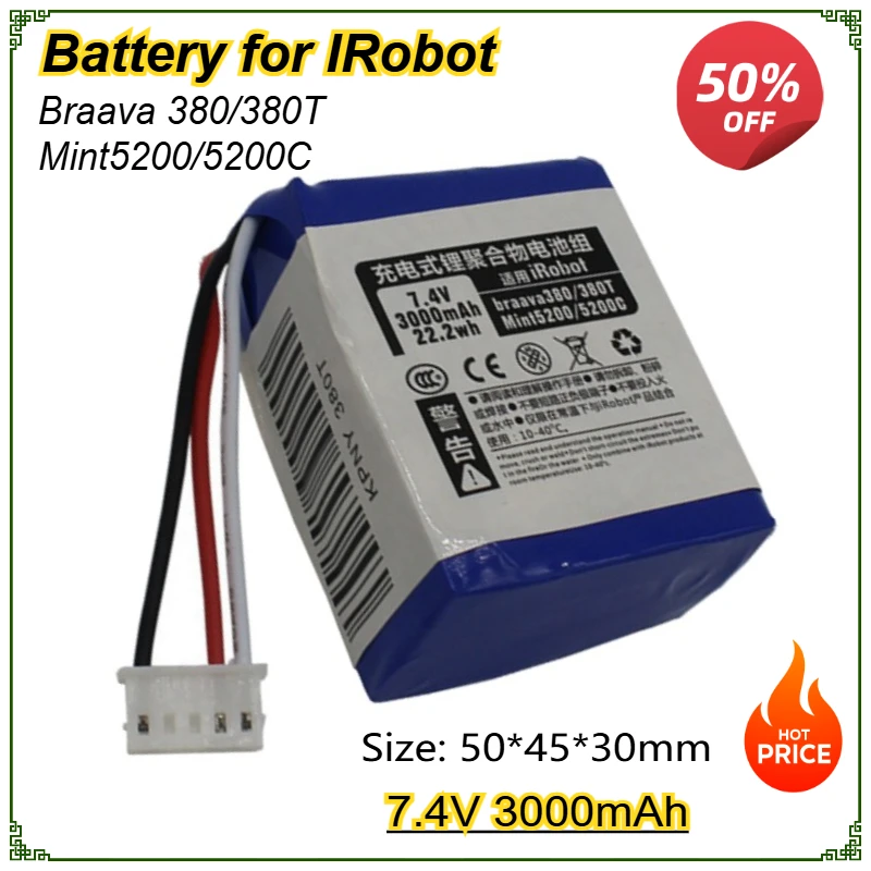 

7.4V 3000mAh Battery Rechargeable Battery for IRobot Braava 380T 380 381 Mint 5200 5200C Accessories Replacement Bateria