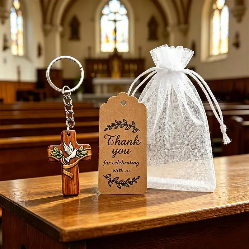 Religious Wood Cross Keychain Bulk Dove Print Organza Bags Tags for First Communion  Gifts