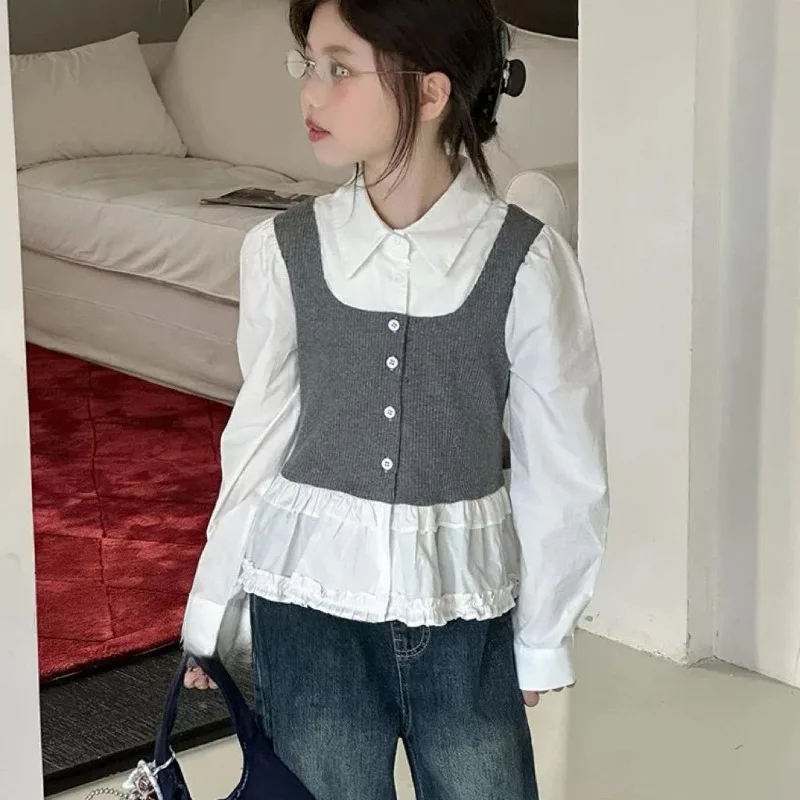 2026 Autumn New Kids' Two Piece Shirt Girls' Lace Trimmed Blouse Trendy Children's Two-Piece Suit Toddler Big Kids 6
