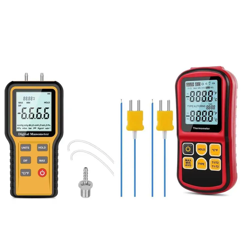 Professional Dual Channel Digital Thermocouple Thermometer Large LCD Display ±20.68 kPa/±2.999 psi Accuracy Wide Measurement