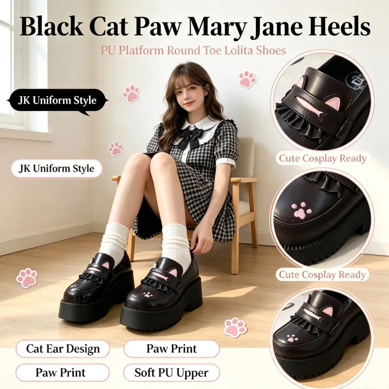 Lolita JK Princess Cosplay Shoes Women Black PU Platform Mary Jane Round Toe Shoes Cat Ear Paw Kawaii Daily Holiday Gift New