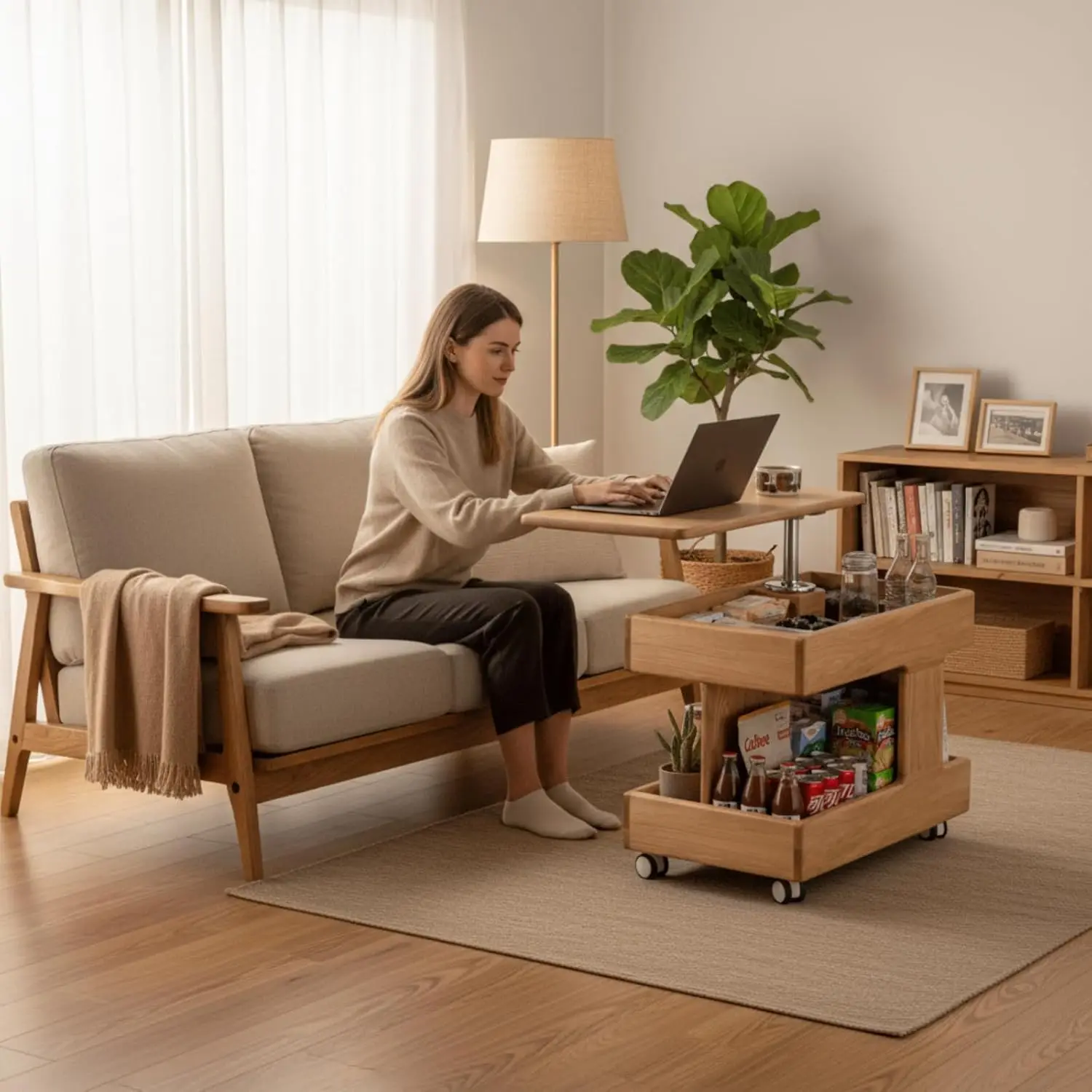 

Журнальный столик-трансформер из 100% массива дерева с откидной столешницей и местом для хранения, прикроватный столик на колесиках с поворотом на 360 градусов ° Вращающийся настольный органайзер, настраиваемый