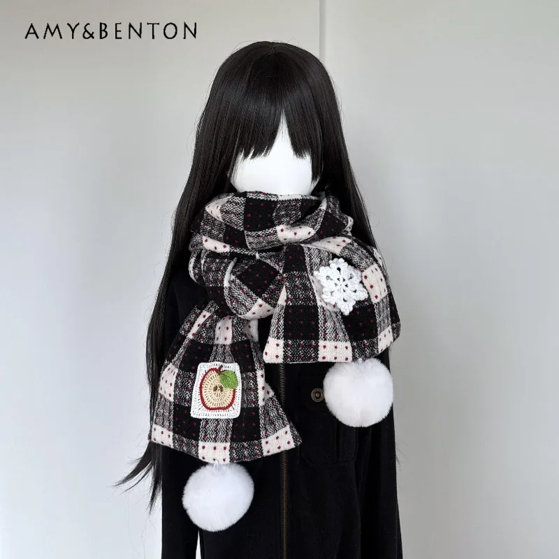 الحلو لطيف الكرتون التطريز ندفة الثلج طباعة بوم بوم قلادة وشاح ناعم اليابانية Kawaii المرقعة منقوشة سميكة وشاح طويل