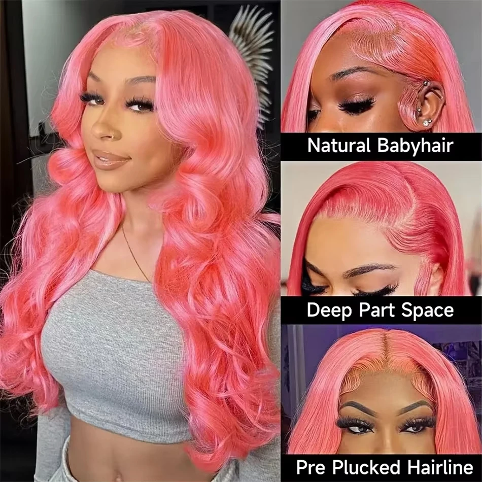 Peruca Rosa Botisi com Ondas Soltas, Peruca Frontal de Renda 13x4 com Ondas Soltas, Peruca Frontal HD 13x6 Colorida Pré-Pluck Rosa de Cabelo Humano Brasileiro