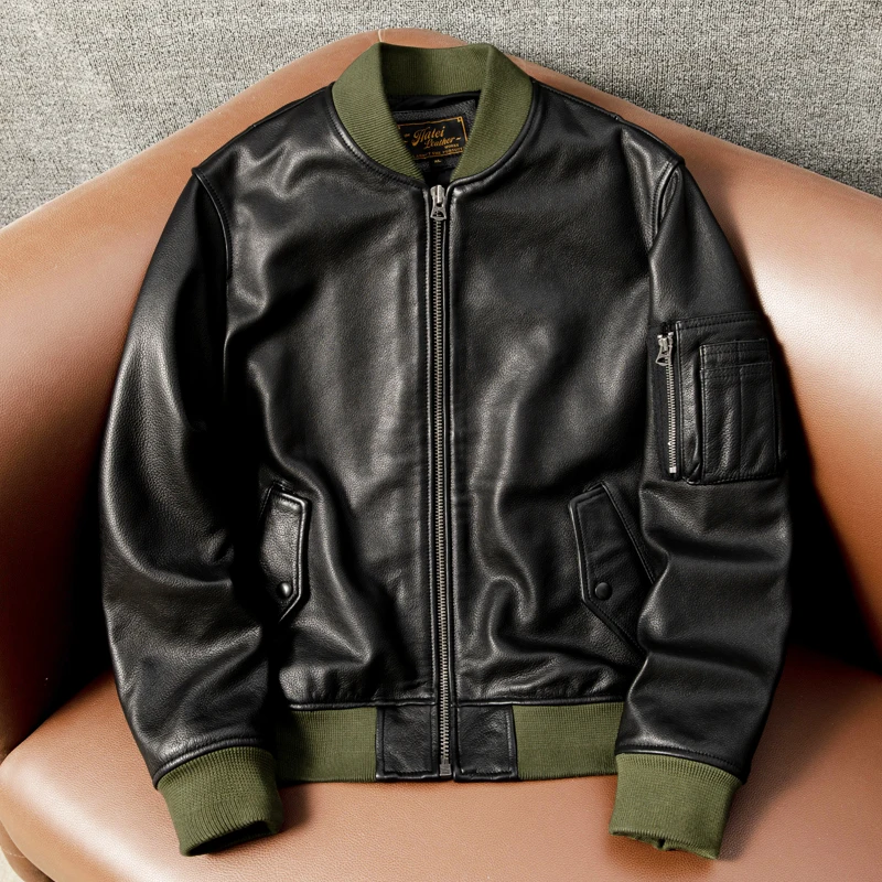 

American Casual Flight Jaet Top Layer Cowhide Genuine Leather Men's Biker ort Sle Slim Fit Autumn Winter Outerwear