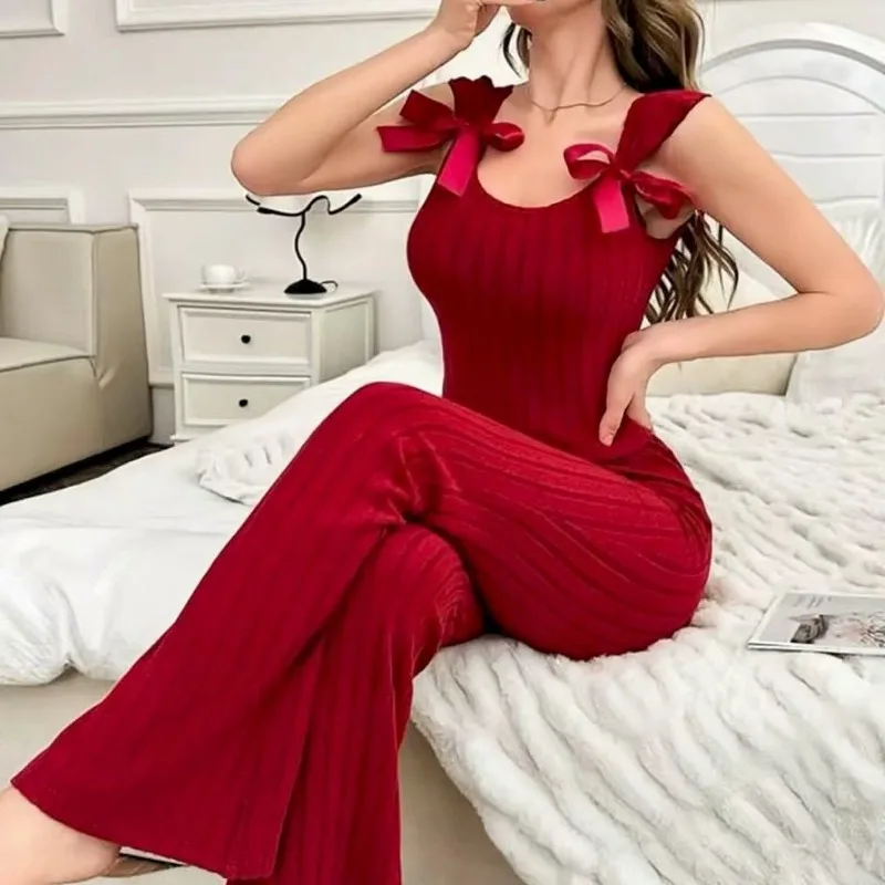 2pcs Set Sleeveless Top and Long Pants Pajama Set Comfortable Fashion Slim Fit Women Loungewear Set with Bow Decor