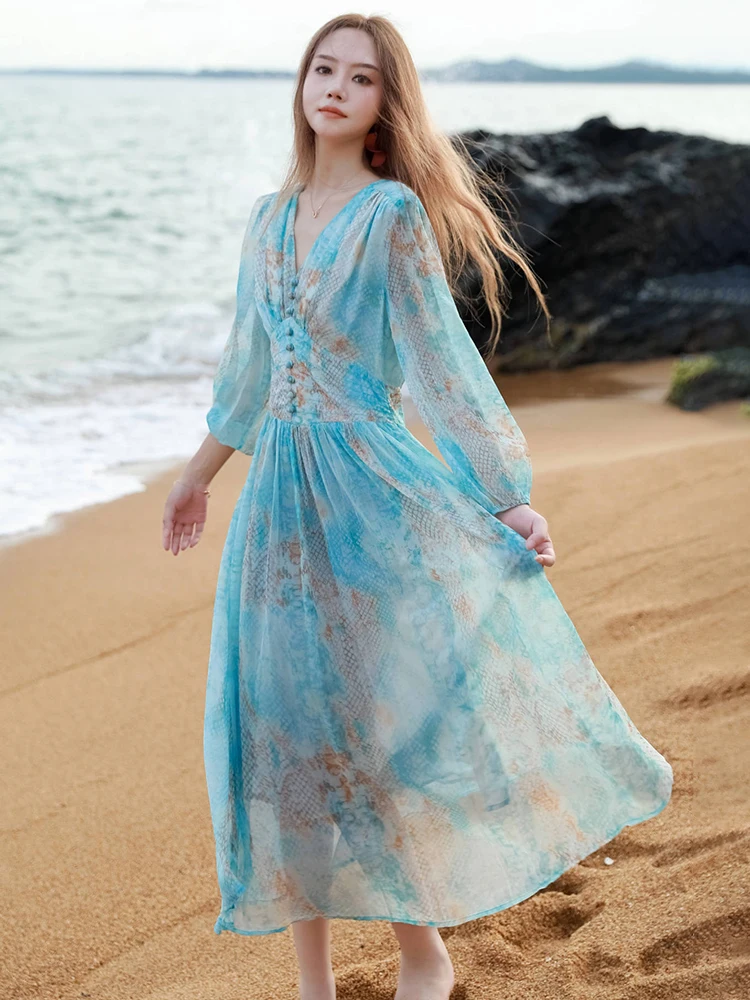 Jastie 2023 Summer French Luxury Women Dresses Retro Print V-neck Long Sleeve Chiffon Dress New Seaside Vacation Boho Long Dress