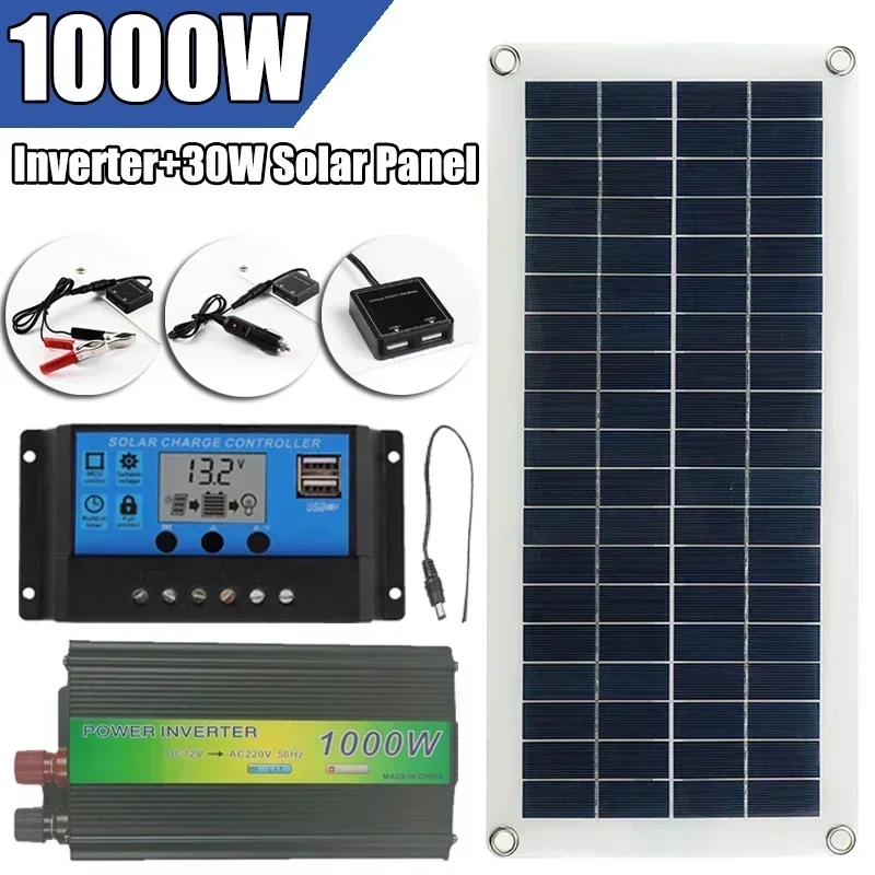 1000W Inverter Solar Panel220V System 30W Solar Panel 10A Controller Battery Kit Suitable for Car Battery Outdoor Camping