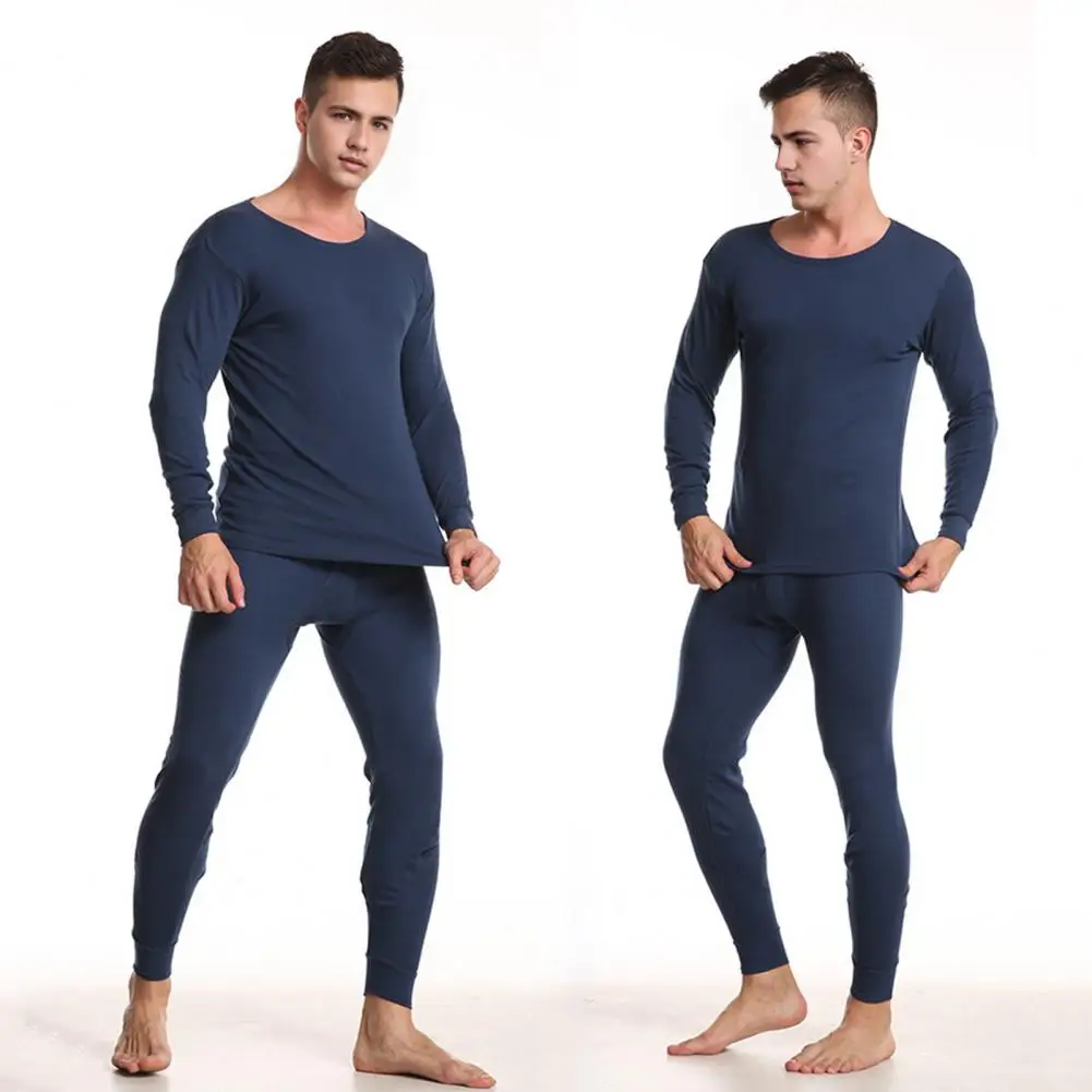 Elastic Waistband Loungewear Men's O-neck Long Sleeve Pajama Set with Elastic Waist Pants 2 Piece Solid Color for Comfortable