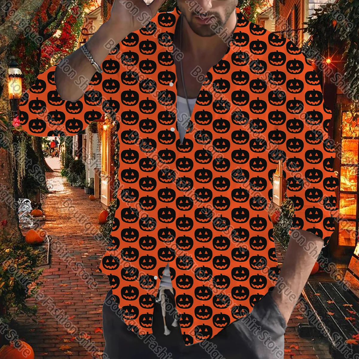 Camisas de Halloween para hombres, top de fiesta al aire libre de calle, botones de manga larga, solapa, suave y cómodo, Otoño e Invierno