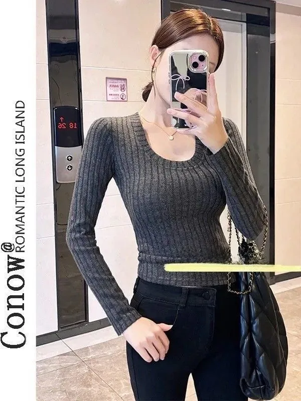 

Slim Fit Long Sleeve Knitted Sweater Women's U-Neck Striped Winter New Style Fashionable Versatile Body Shaping Top