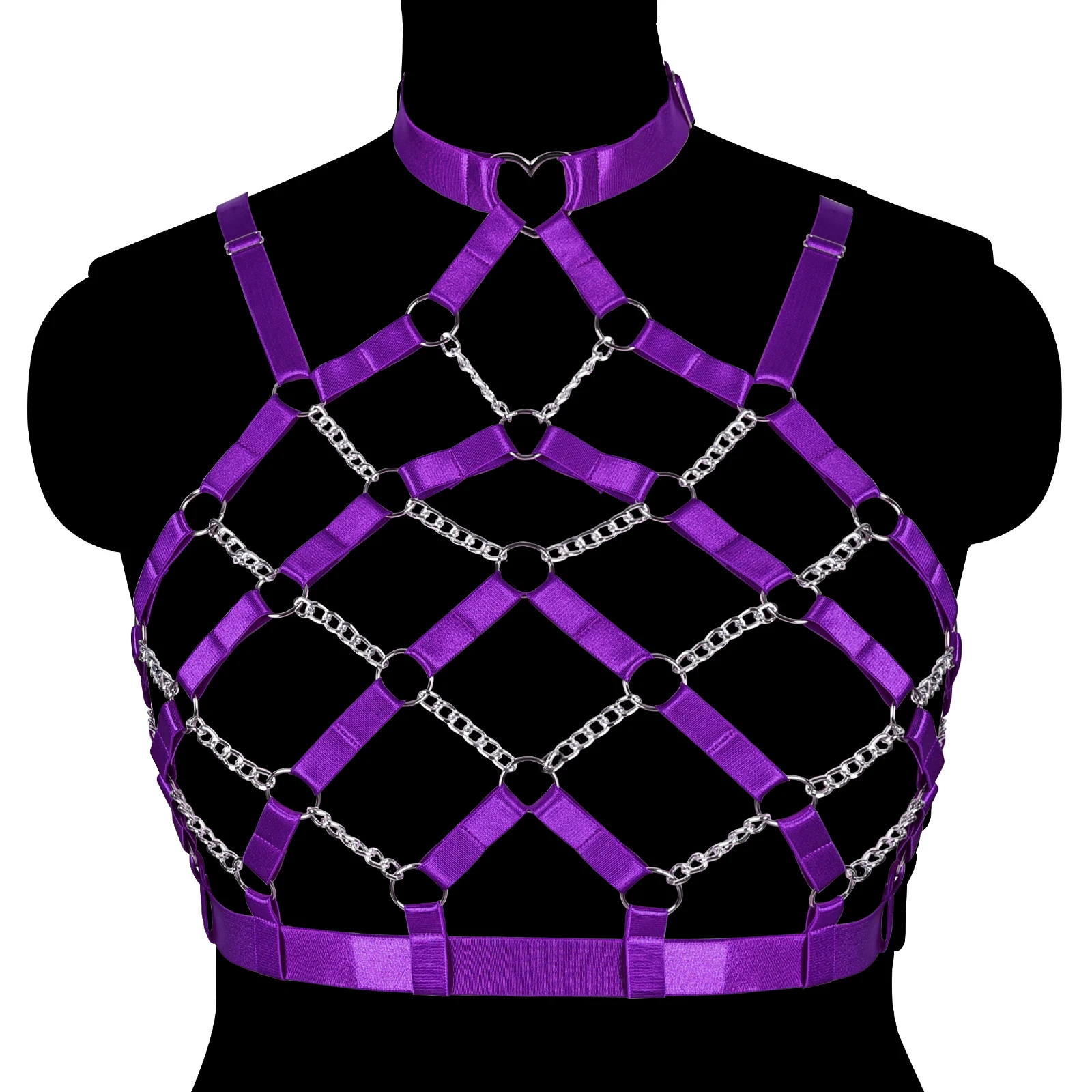 

Punk Goth Adjustable Body Cage Crop Top Harness Bra Silver Hollow Network Body Chain Elastic Bondage Harness Suspenders