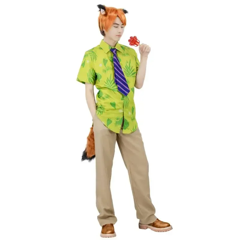 WENAM Fox Nick Wilde Cosplay Shirt With Tie Green Printed T-Shirt Hawaiian Floral Shirts Cosplay or Casual Holiday Beach Shirts