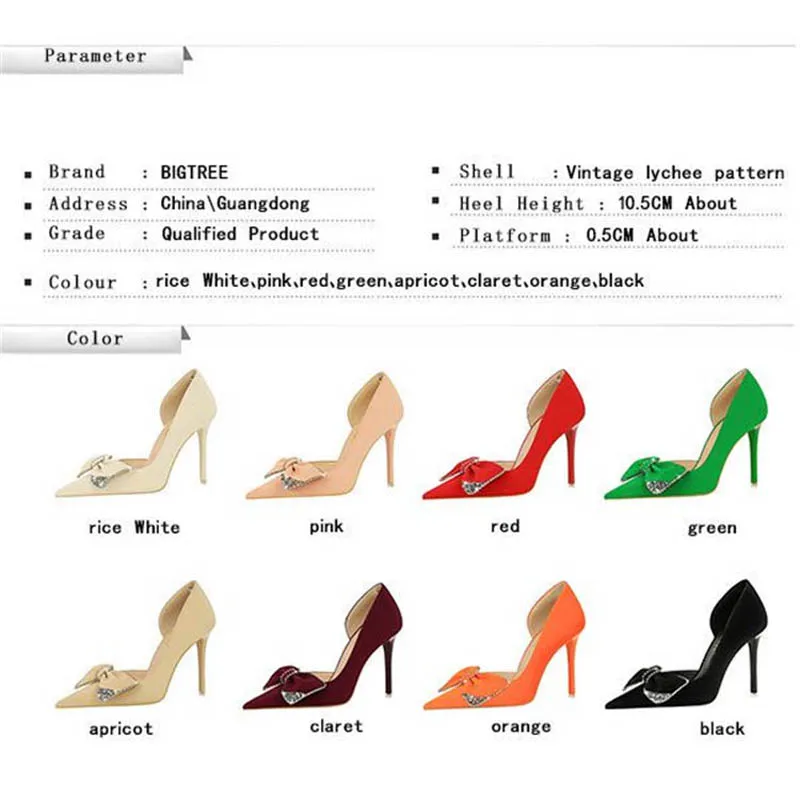 BIGTREE Night Club Stripper Fashion Women Woman Pumps Red Elegant Woman Heeled Sexy Light Pointed toe Diamond Bow Single Shoes